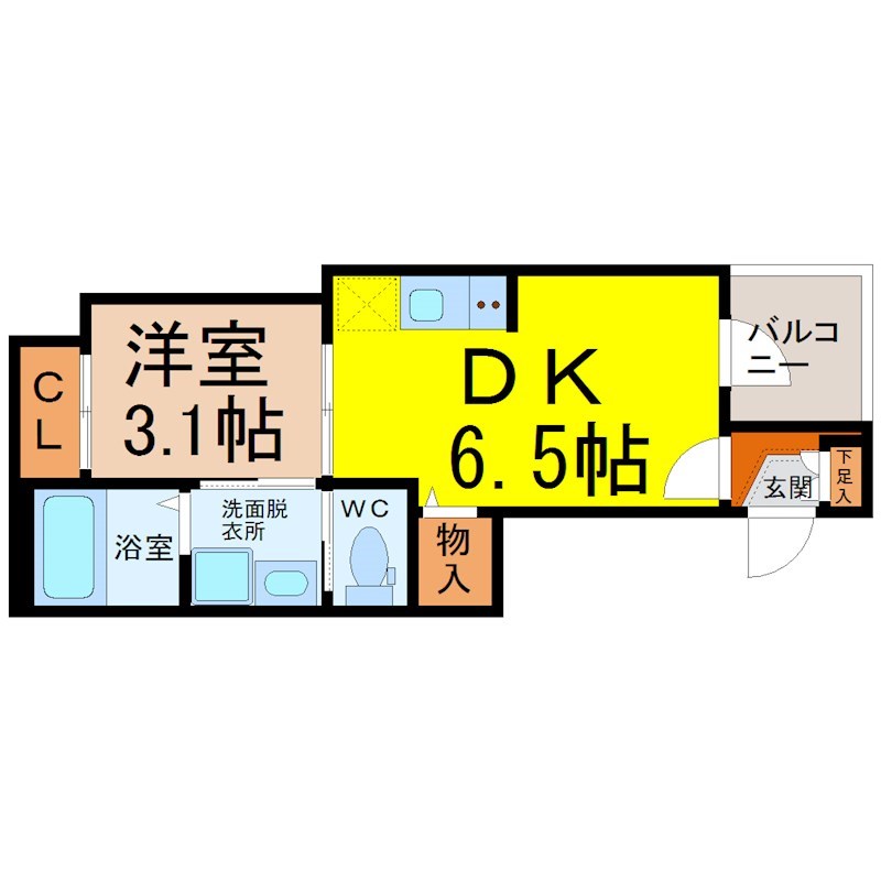 フェリシア荒子 間取図　ＤＫ6.5帖　洋室3.1帖　脱衣洗面所　バルコニー