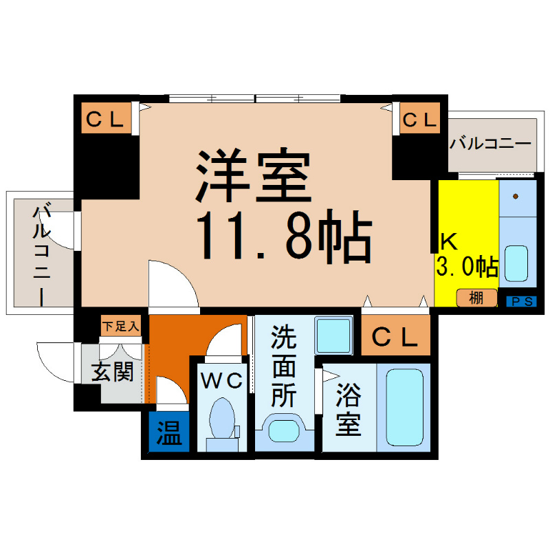 プレステージ千種 間取図　洋室11.8帖　脱衣洗面所　バルコニー