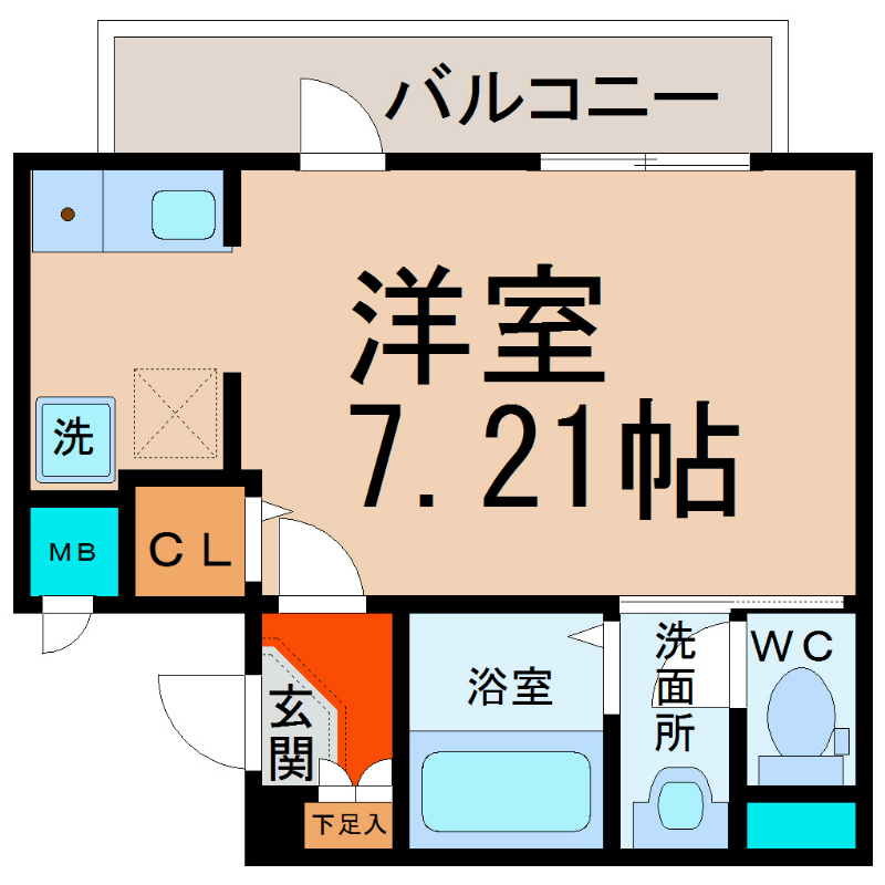 アルテミス平和 間取図　洋室7.21帖　脱衣洗面所　バルコニー