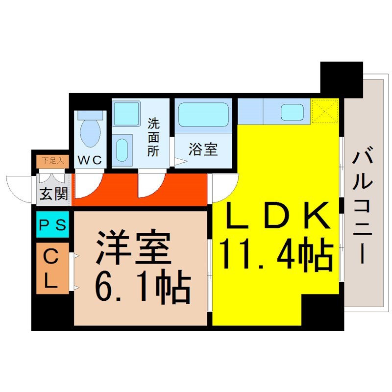 ＣＬＡＩＲ　ＨＥＩＷＡ（クレールヘイワ） 間取図　ＬＤＫ11.4帖　洋室6.1帖　脱衣洗面所