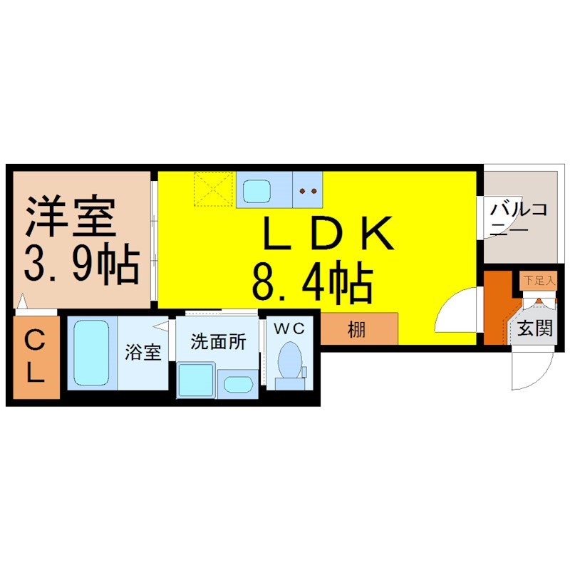 サニーガーデン黄金 間取図　ＬＤＫ8.4帖　洋室3.9帖　脱衣洗面所