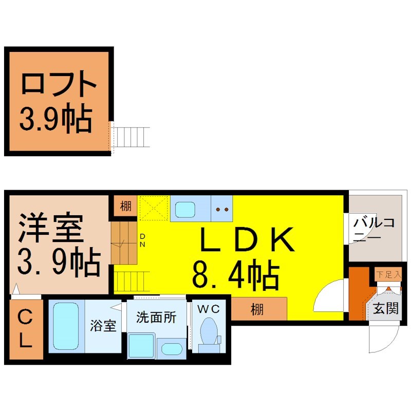 サニーガーデン黄金 間取図　ＬＤＫ8.4帖　洋室3.9帖　ロフト3.9帖
