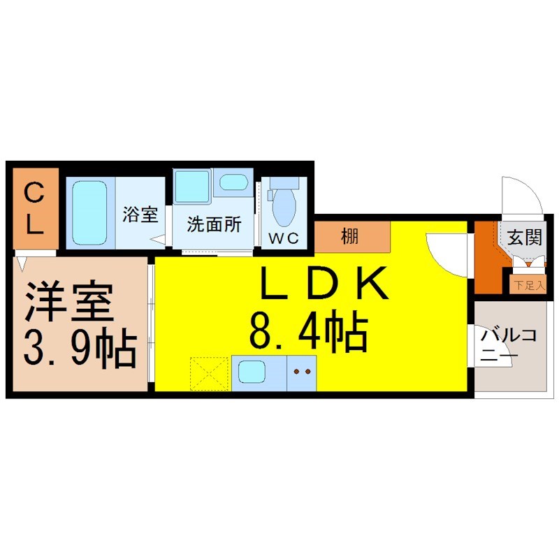 サニーガーデン黄金 間取図　ＬＤＫ8.4帖　洋室3.9帖　脱衣洗面所