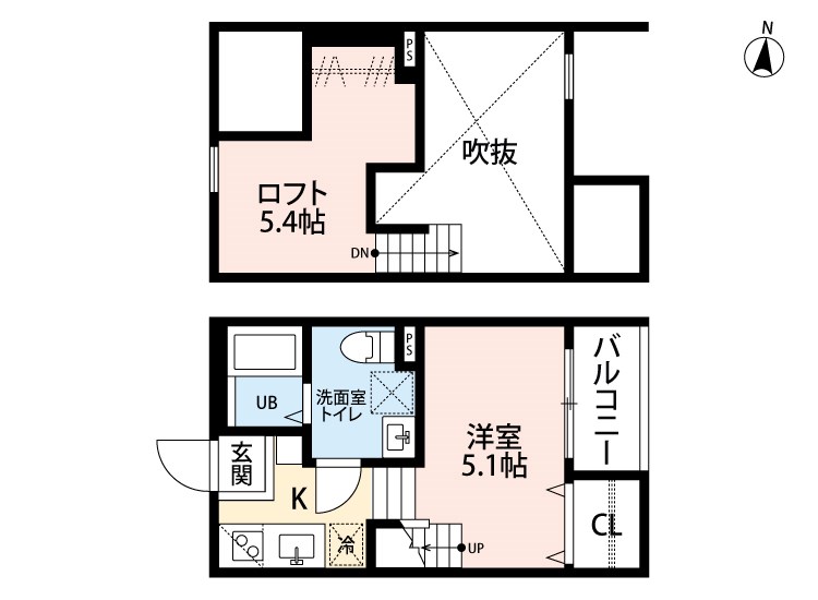 フィールグッドハウス 間取り　洋室5.1帖　ロフト5.4帖　脱衣洗面所　バルコニー