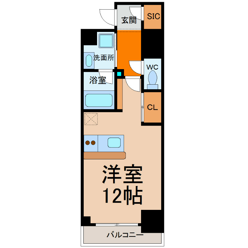 Ｓ－ＦＯＲＴ金山 間取図　洋室12帖　脱衣洗面所　南面バルコニー