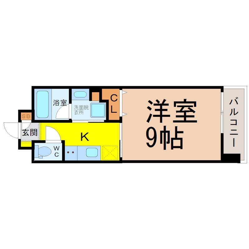 ＨＡＮＡＮＯＫＩ　ＲＩＳＥ（花の木ライズ） 間取図　洋室9帖　脱衣洗面所　クローゼット付　バルコニー
