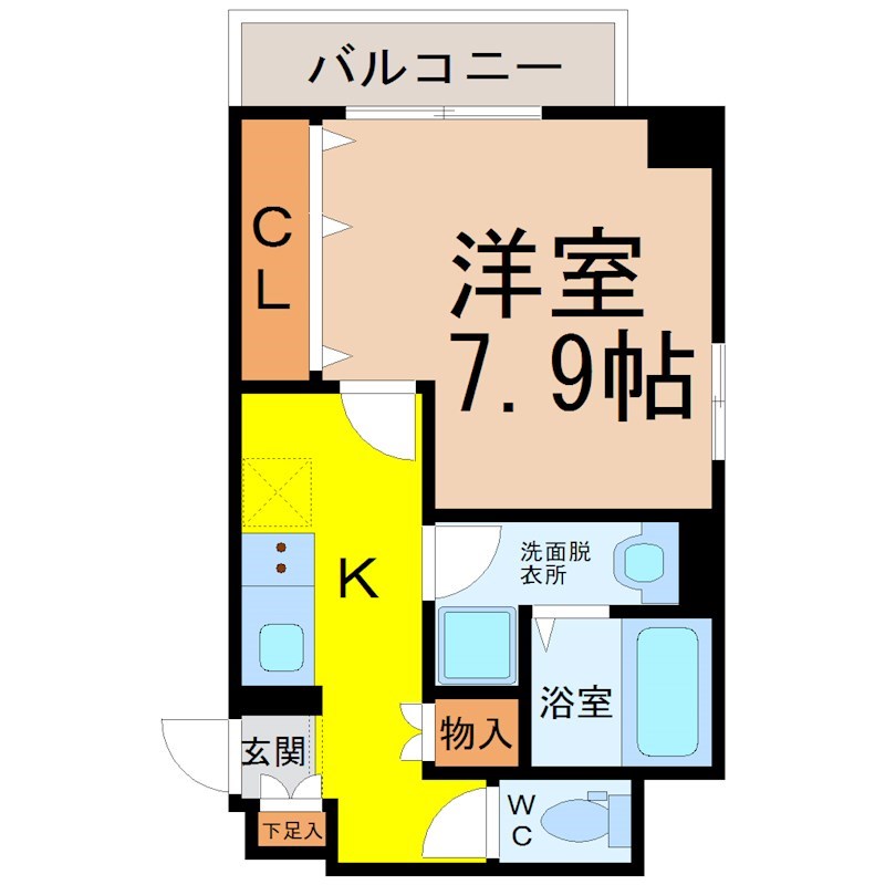 マイステージ大久手 間取図　洋室7.9帖　脱衣洗面所　クローゼット付　バルコニー
