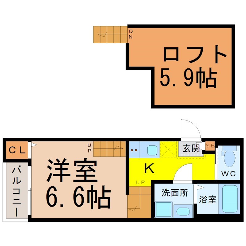 ハーモニーテラス靖国町Ｖ 間取図　洋室6.6帖　ロフト5.9帖　脱衣洗面所　バルコニー