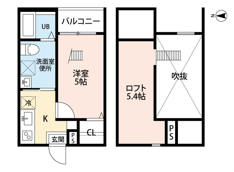 リーブラ庄内通 間取図　洋室5帖　ロフト5.4帖　脱衣洗面所　バルコニー
