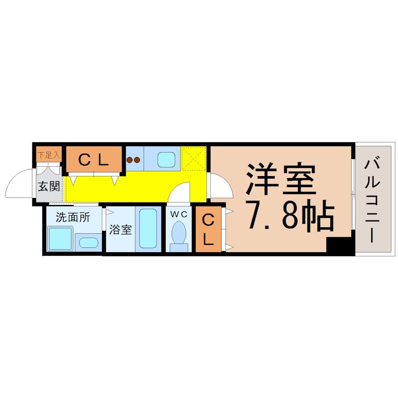 ヴィラパーク鶴舞 間取図　洋室7.8帖　収納2箇所付　脱衣洗面所　バルコニー