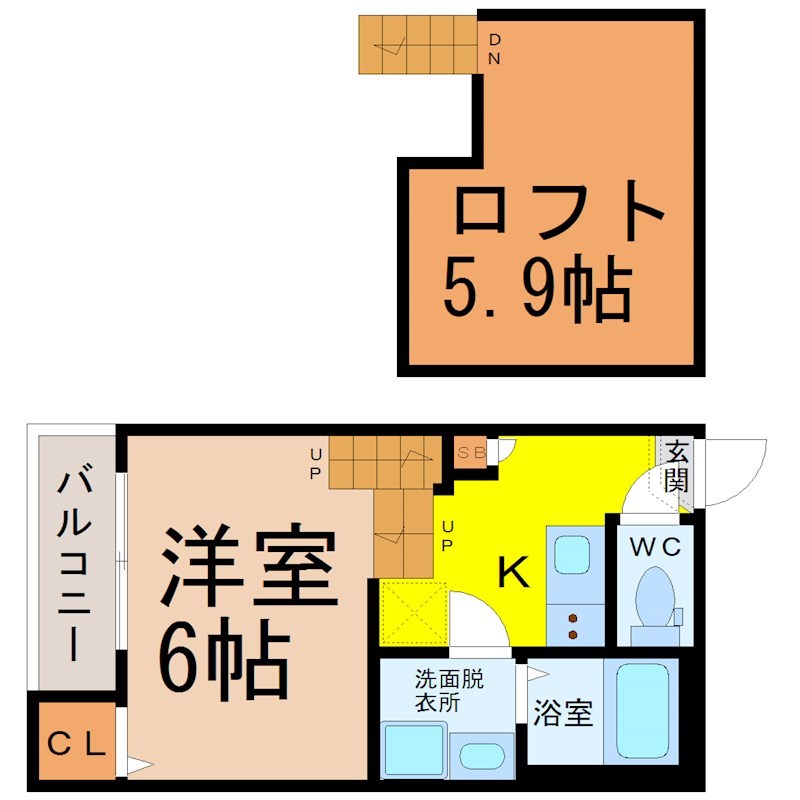 Ｈｏｕｓｅ　Ｏｆ　Ｅｉｇｈｔ 間取図　洋室6帖　ロフト5.9帖　脱衣洗面所　バルコニー