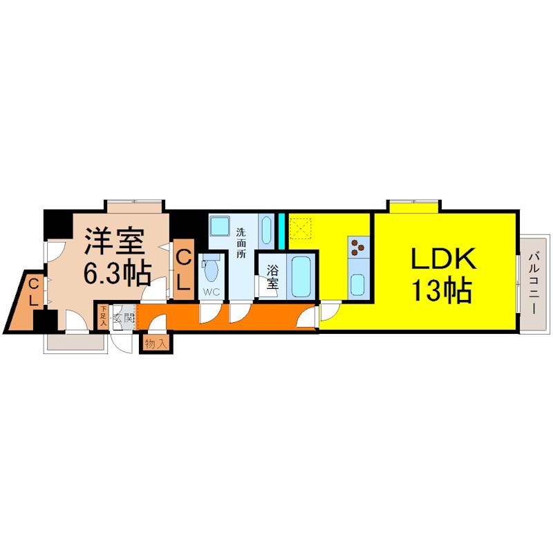 センチュリー富士見 間取図　LDK13帖　洋室6.3帖　バルコニー