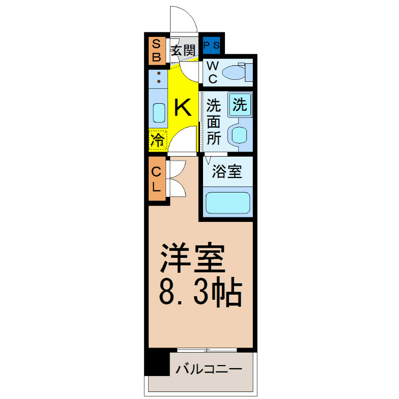 パルティール黒川 間取図　洋室8.3帖　脱衣洗面所　南面バルコニー