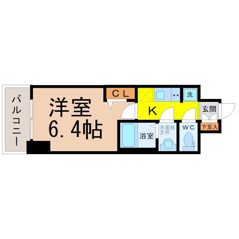 アステリ鶴舞テーセラ 間取図　洋室6.4帖　脱衣洗面所　バルコニー