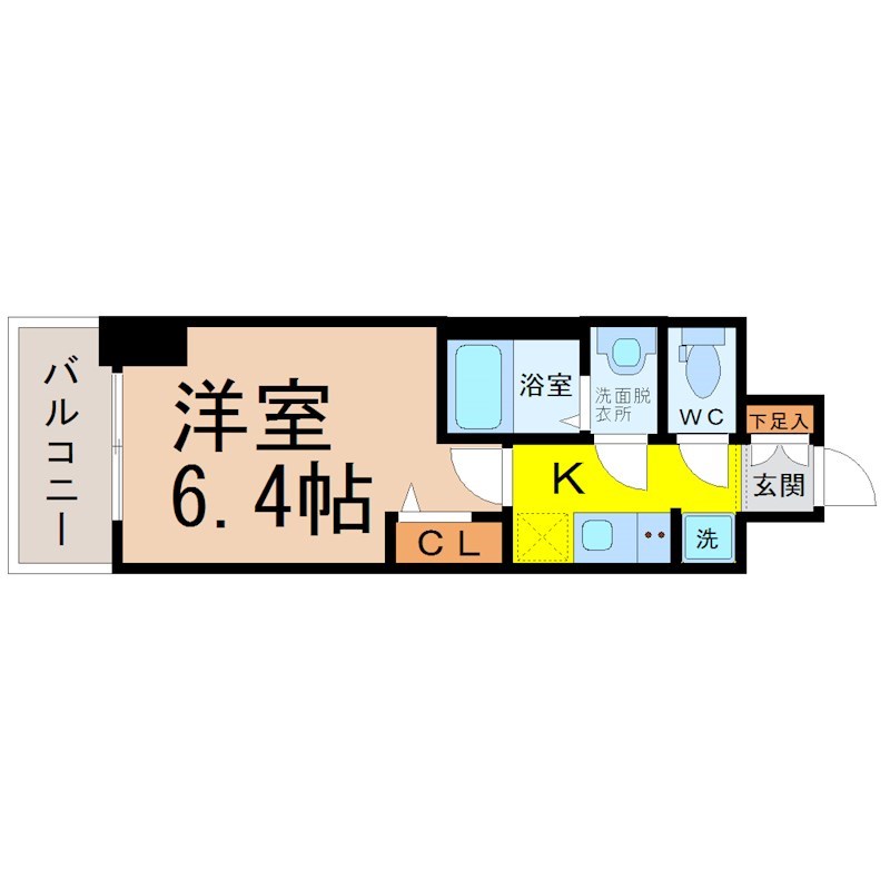 アステリ鶴舞テーセラ 間取図　洋室6.4帖　脱衣洗面所　バルコニー