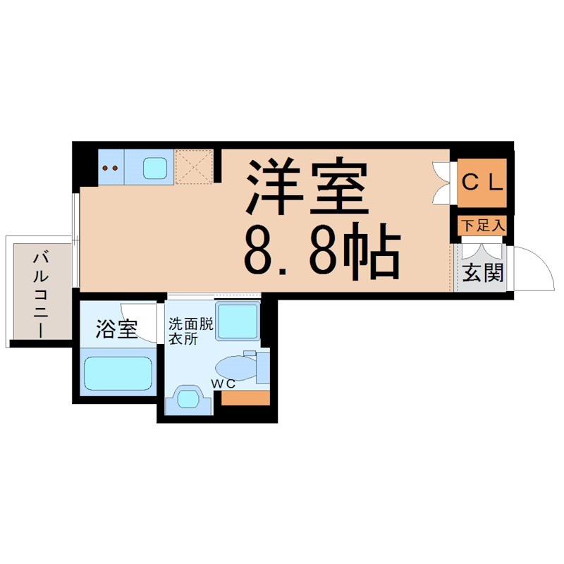 Ｃｏｍｆｏｒｔ金山 間取図　洋室8.8帖　脱衣洗面所　バルコニー