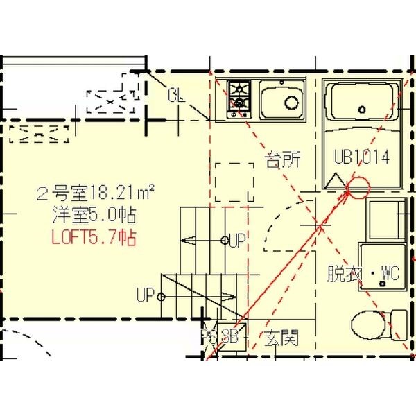 ハーモニーテラス尾頭橋II 間取図　洋室5帖　ロフト5.7帖　脱衣洗面所　バルコニー
