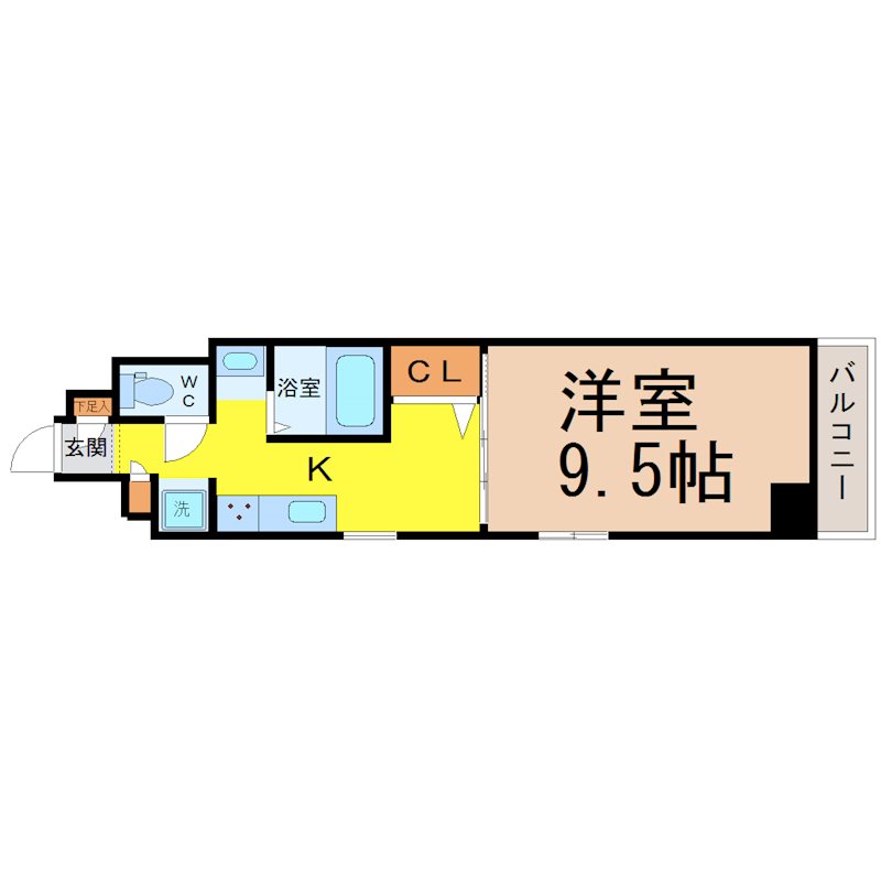 クレセール・サン 間取図　洋室9.5帖　独立洗面台　バルコニー