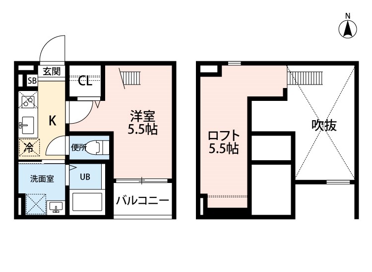ＴＥＲＲＡＣＥ　Ｍ（テラスエム） 間取図　洋室5.5帖　ロフト5.5帖　脱衣洗面所　バルコニー
