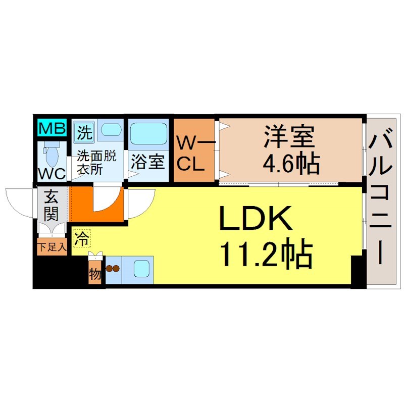 フォレシティ新栄 間取図　ＬＤＫ11.2帖　洋室4.6帖　脱衣洗面所