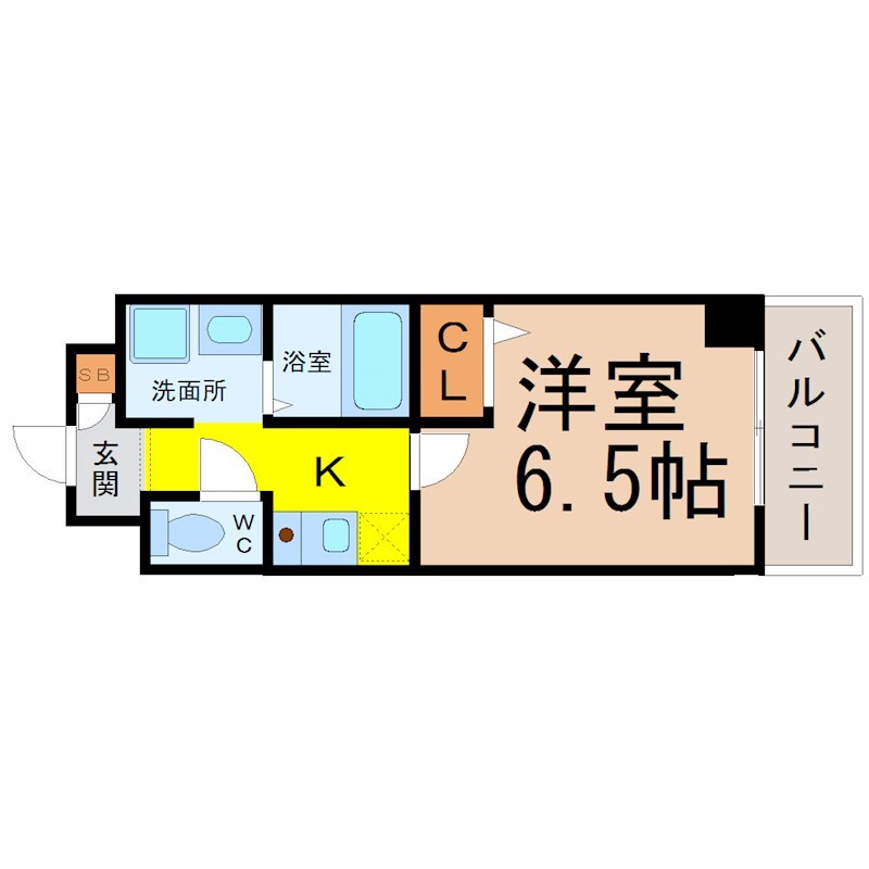 グリーンハイツ白川 間取り　洋室6.5帖　脱衣洗面所　バルコニー