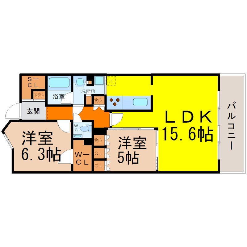 ｍｅＬｉｖ上前津 間取図　ＬＤＫ15.6帖　カウンターキッチン　バルコニー