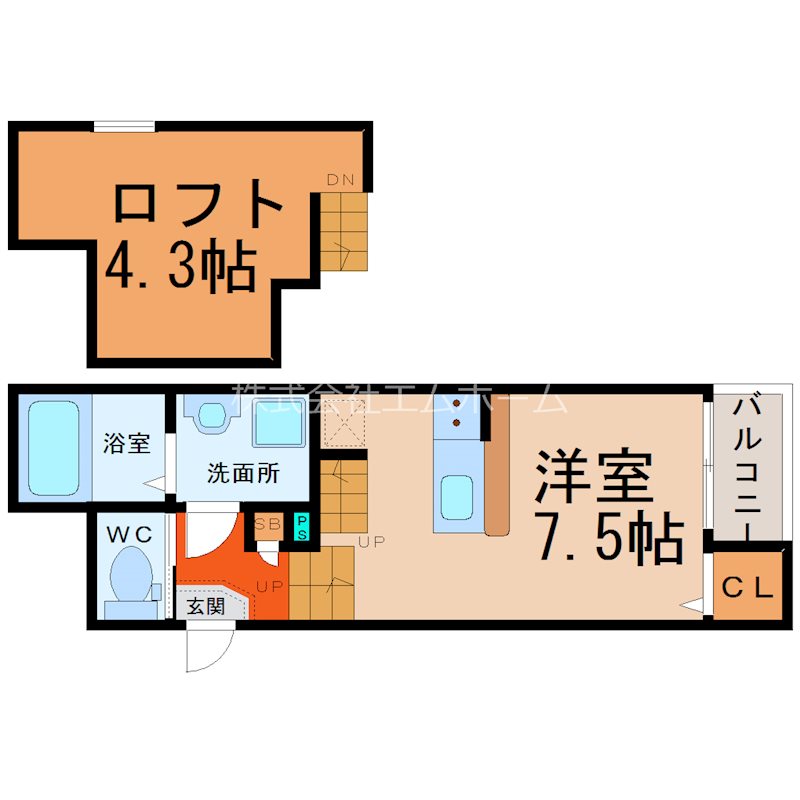 ノースヒル 間取り　洋室7.5帖　ロフト4.3帖　脱衣洗面所　バルコニー
