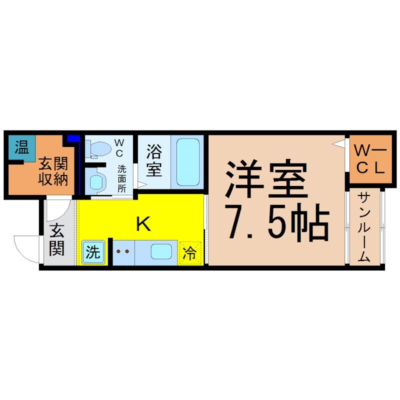 メゾン・ド・アミティエ 間取図　洋室7.5帖　脱衣洗面所　サンルーム
