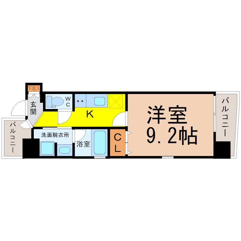 千種アヴァンギャルドプレイス 間取図　洋室9.2帖　脱衣洗面所　南面バルコニー