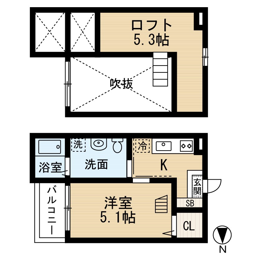ヴィレッタ大正町 間取図　洋室5.1帖　ロフト5.3帖