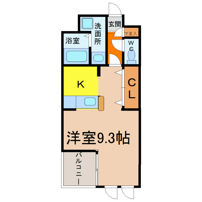アンナマリーミズホ 間取図　洋室9.3帖　脱衣洗面所　カウンターキッチン