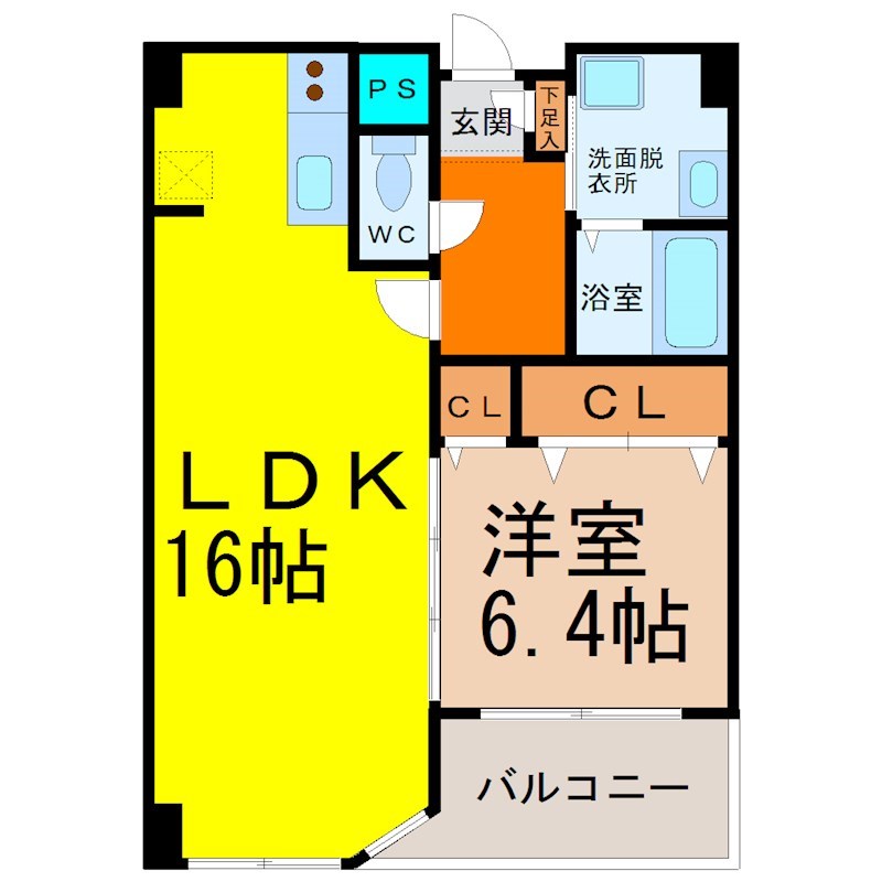 Ｅｓｐｏｉｒ　ｉ（エスポワールアイ） 間取図　ＬＤＫ16帖　洋室6.4帖　脱衣洗面所　バルコニー