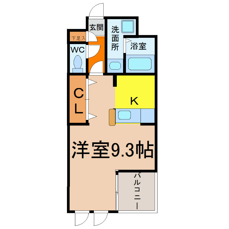 アンナマリーミズホ 間取図　洋室9.3帖　脱衣洗面所　カウンターキッチン
