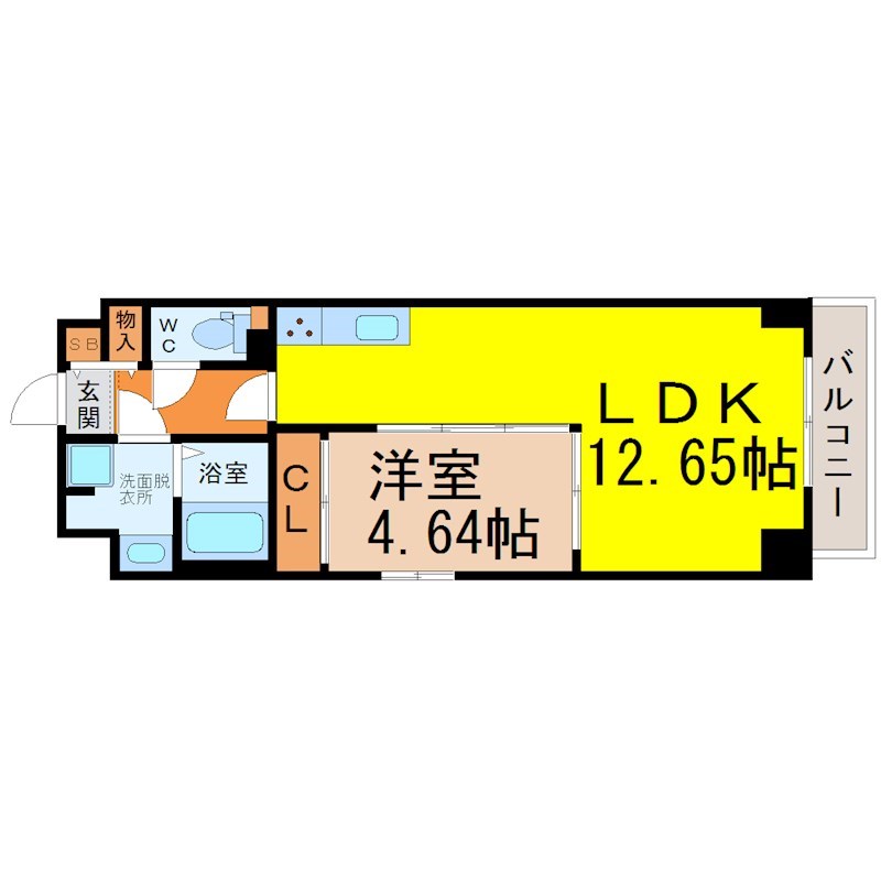 ＧＲＡＮＤＵＫＥ松原ｃｕｏｒｅ 間取図　ＬＤＫ12.65帖　洋室4.64帖　脱衣洗面所