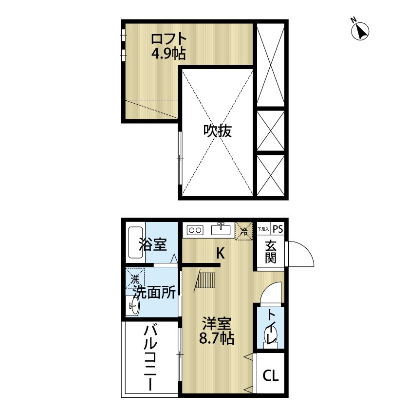 エルフパパ庄内緑地 間取り　洋室8.7帖　ロフト4.9帖　脱衣洗面所　バルコニー