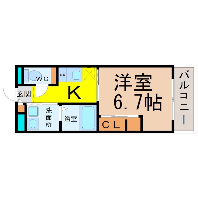 リシュドール伝馬 間取図　洋室6.7帖　脱衣洗面所　南面バルコニー
