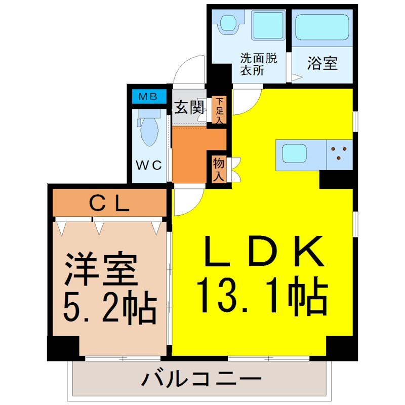 マイステージ大久手 間取図　ＬＤＫ13.1帖　洋室5.2帖　脱衣洗面所