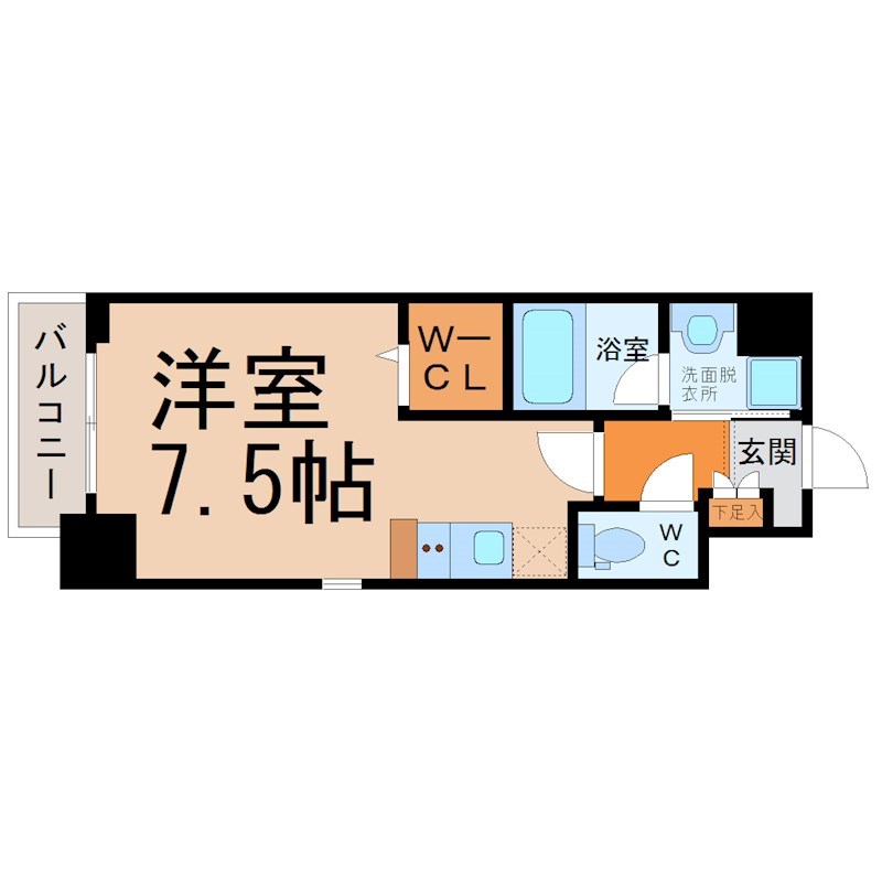 Ｚ・Ｒ東別院 間取図　洋室7.5帖　脱衣洗面所　ウォークインクローゼット