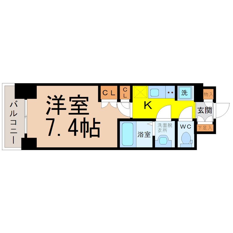 アデグランツ上前津 間取図　洋室7.4帖　脱衣洗面所　クローゼット付　バルコニー