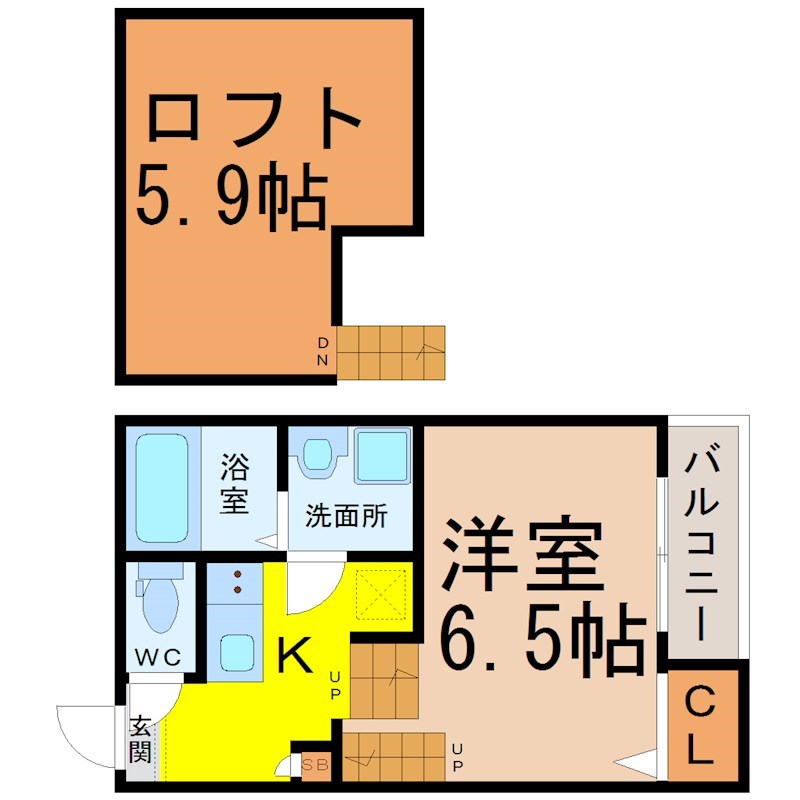 ハーモニーテラス楓 間取図　洋室6.5帖　ロフト5.9帖　脱衣洗面所　バルコニー