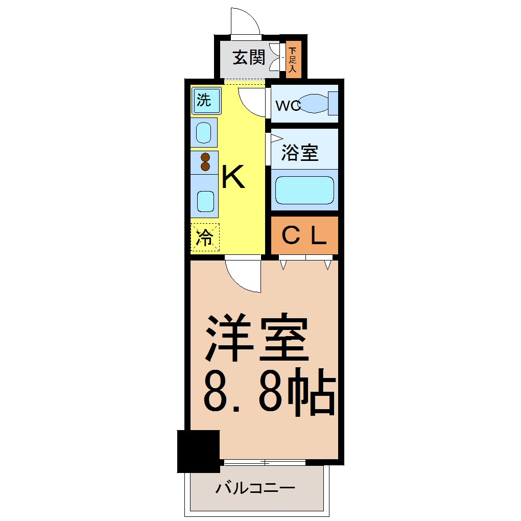 パルティール覚王山 間取図　洋室8.8帖　バストイレ別　独立洗面台　バルコニー