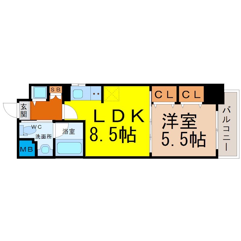 プラウランド堀田 間取図　ＬＤＫ8.5帖　洋室5.5帖　脱衣洗面所　バルコニー