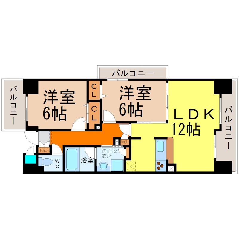 ヴィラエーデル大須 間取図　ＬＤＫ12帖　洋室6帖　洋室6帖　南面バルコニー