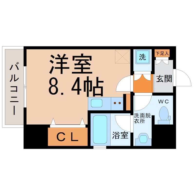 プリヴィアーレ金山 間取図　洋室8.4帖　脱衣洗面所　クローゼット付　バルコニー