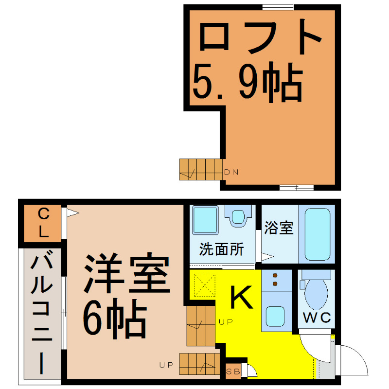 ＳＡＮＣＴＵＡＲＹ（サンクチュアリ） 間取図　洋室6帖　ロフト5.9帖　脱衣洗面所