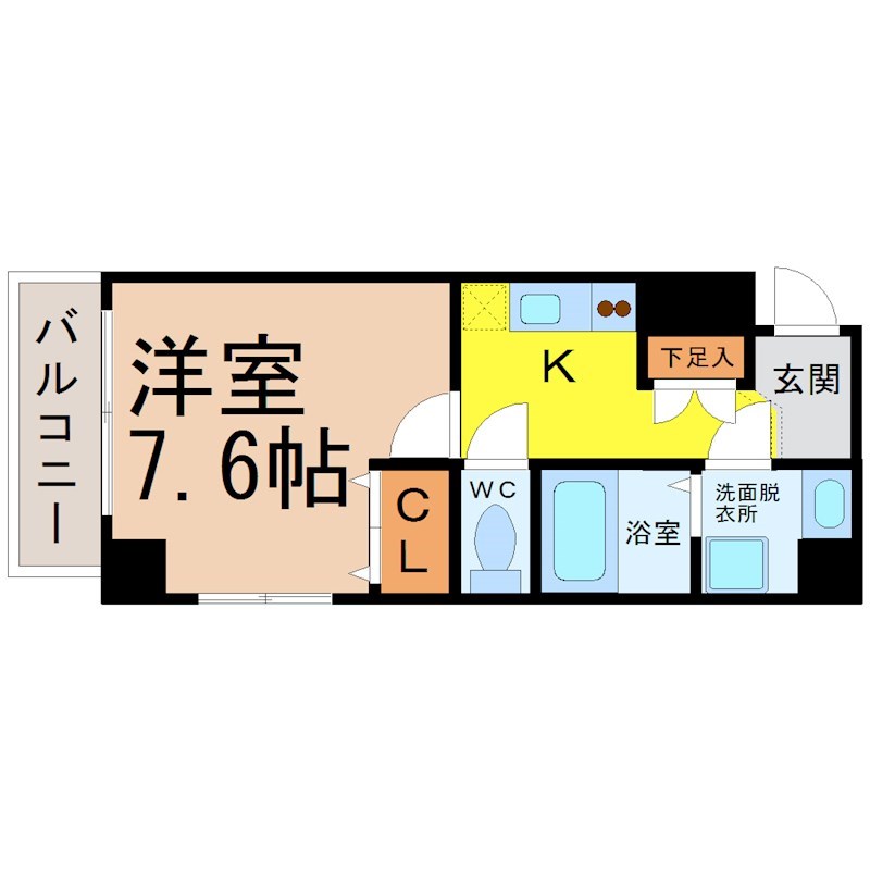 ＬＥＸＣＥＥＤ ｉｚｕｍｉ（レクシードイズミ） 間取図　洋室7.6帖　脱衣洗面所　バルコニー