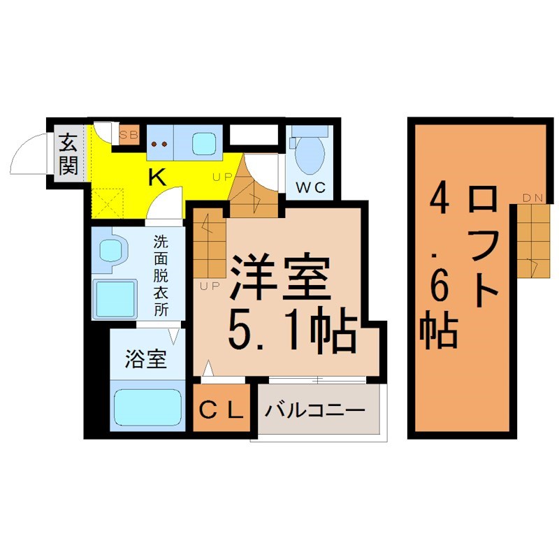 クオン 間取図　洋室5.1帖　ロフト4.6帖　脱衣洗面所　バルコニー