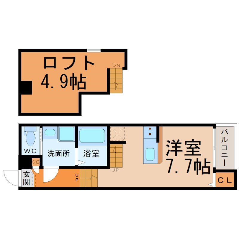 ＡＸＩＳ（アクシズ） 間取図　洋室7.7帖　ロフト4.9帖　脱衣洗面所　バルコニー