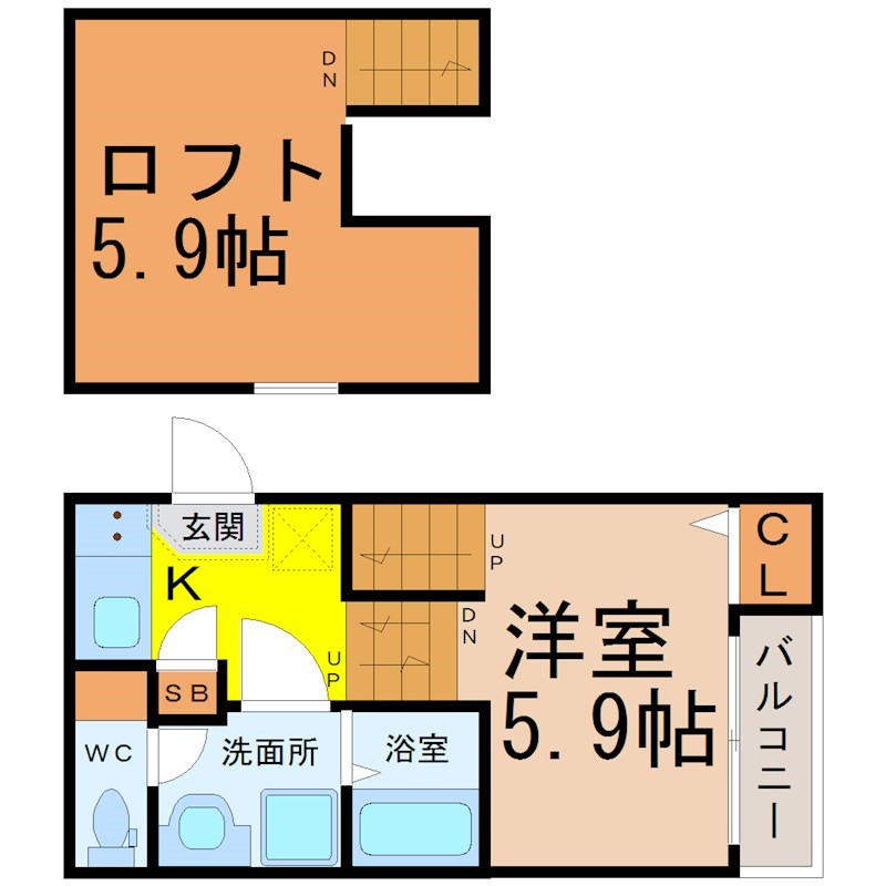 パレドール伝馬町 間取図　洋室5.9帖　ロフト5.9帖　脱衣洗面所　バルコニー