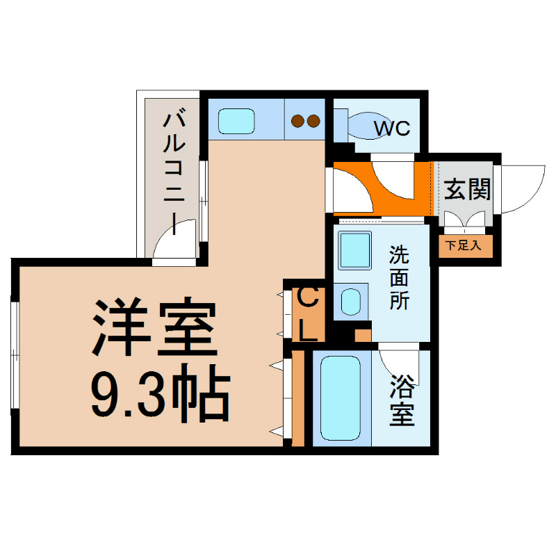 エルスタンザ千代田  間取図　洋室9.3帖　脱衣洗面所　クローゼット付